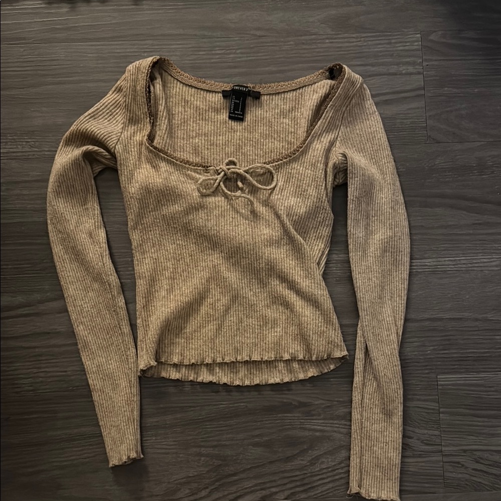 Forever 21 Tan Ribbed Tie Front Blouse